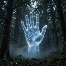 sci-fi scene of a giant hand hologram floating in the middle of a dark forest, atmospheric, mysterious, mist, high detail, concept art by syd mead and roger deakins