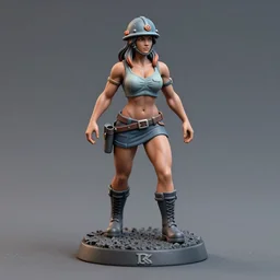 80mm resin detailed miniature of a very Muscular miner woman, tops, helmet, stomach, navel, boots, Logo, textured base; Product Introduction Photos, 4K, view from front