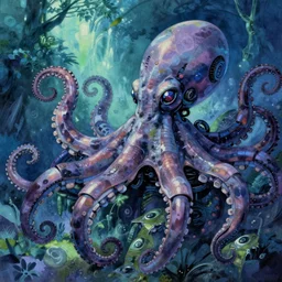 robotic cyberpunk octopus by miyazaki, blue green purple color palette, illustration, kenneth blom, mental alchemy, james jean, pablo amaringo, naudline pierre, contemporary art, hyper detailed