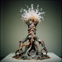 a perfect photograph of an ornately decorated squid sculpture of a haunted man, fractal saliva bubbles erupting all over his head and dripping with semi molten plastic tubes over his swirling, pathetic, torn and ragged body. 3 5 mm film, studio lighting and gallery quality