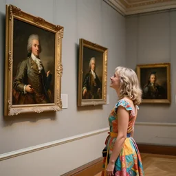 a female museum curator with light gold hair, cheerful, colorful dress, is ( ( looking at portraits on a wall ) ). light dust, magnificent, hyperdetailed, theatrical, painted by jean honore fragonard