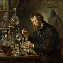 in the styles of Thomas Eakins,Adolph Friedrich Erdmann von Menzel, Vasily Surikov , H.R. Giger. A fantasy alchemist working in dusty old laboratory with flasks and glassware, oil painting, by Greg Rutkowski. Hyper-realism