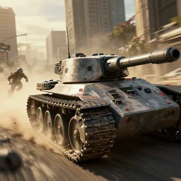 macro closeup photo of combat tesla hover tank being chased in a post apocalyptic fallout 4 overgrown city, 3 pm, smoke, dust, embers, mad max, action, speed, rocket league, volumetric lighting, hdr, need for speed, gta 5, ridley scott, syd mead, craig mullins, cinematic, blade runner, octane