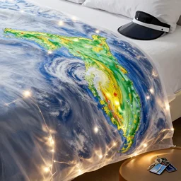 curved translucent bedsheets with detailed florida storm weathermap, pixel perfect photograph, high contrast, volumetric lighting, thin glowing lights, bedroom, visor, users, pair of keycards on table