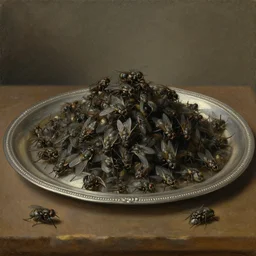 classic still life painting of a large pile of dead flies on a silver tray, oil on canvas, highly detailed