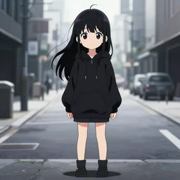 anime visual, illustration of a young black haired girl wearing hoodie on the detailed city street background, cute face by yoh yoshinari, katsura masakazu, studio lighting, full body shot, strong silhouette, zoom out, ilya kuvshinov, cel shaded, crisp and sharp, rounded eyes, bright daylight, moody, dynamic lighting