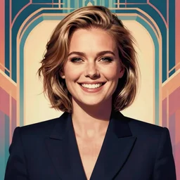 smiling, happy, beautiful, intelligent, powerful mette frederiksen, loving eyes, fully clothed, wise, beautiful, dramatic lighting, sharp focus, art deco patterns by stanley artgerm, retro futurism, dramatic lighting, trending on artstation, flat colour, geometric curves, gradient filter
