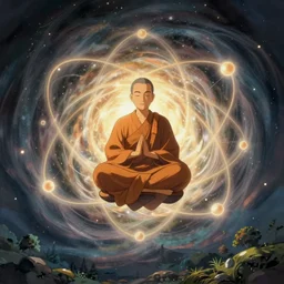 illustration of a levitating monk meditating within the centre of a peaceful swirling atom orbited by electrons, studio ghibli, ultra hd