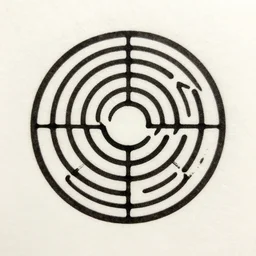 a circular labyrinth stamped in black ink on off white paper, smooth, concise