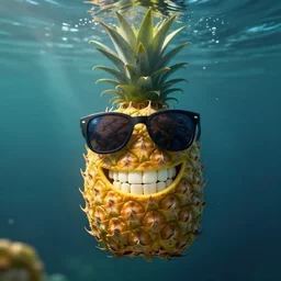 a single delicious pineapple with cool sunglasses and a big smile with teeth floating underwater, digital art, concept art, trending on DeviantArt, trending on Artstation, high quality, 8K HDR, octane render, unreal engine 5, path tracing, dramatic lighting, cinematic, highly detailed, medium shot