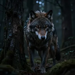 hyper realistic werewolf hidden in the dark. higly detailed. deep dark cabin in the woods. unreal engine 5