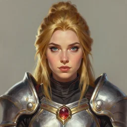 front facing symmetrical centered painted portrait, headshot of Imogen Poots as a D&D Paladin, RPG character avatar, Arcane League of Legends concept art, trending on artstation, by lois van baarle, ilya kuvshinov, rossdraws