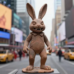 a realistic clay sculpture of a very scary bunny with sharp teeth made by michelangelo, standing in times square, 3 d render, hyper detailed, sharp focus, 8 k resolution