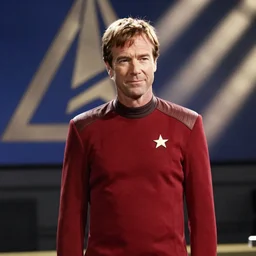 patrick stewart in a red star trek uniform, tv still from friends