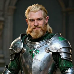 portrait, fantasy beardless dwarf cleric, young adult, no beard, short blonde hair combed to one side, silver and emerald breastplate, clean shaven, beardless, slightly smirking, style by donato giancola, wayne reynolds, jeff easley dramatic light, high detail, cinematic lighting, artstation, dungeons and dragons