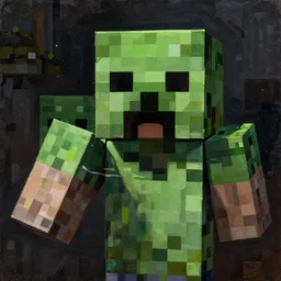 minecraft creeper looking at camera surprised. psychotic art. oil painting. ultra detail. dark colors.