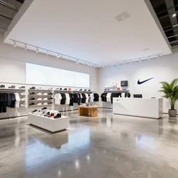 architectural photography, 8 k, realistic lighting, reflections, bloom, hyperdetailed environment, pbr materials. large nike boutique flagship retail. white walls. polished concrete floor. display tables with shoes and clothes. bright digital screens on walls. low ceilings with downlights and spots. white corian and oak furniture. impressive counter. ( ( ( verdant plants ) ) )