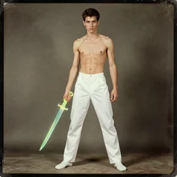 Slim Male Fantasy assasin; White Clothes; Translucent neonbright daggers; Vintage Photograph;