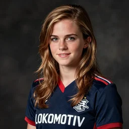 a portrait of emma watson as a lokomotiv football player, hyper realistic