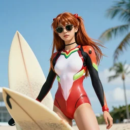low angle iphone HDR photo of beautiful swag Asuka Langley from evangelion as a surfer in Florida, 35mm, cinematic, trending on Instagram, Asuka as a surfer model wearing rayban shades, 8k, 4k, HD