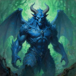 A portrait of the colossal majestic mystical gothic blue-chip demon, by Wayne Barlowe, by Paul Lehr, by Bruce Pennington, oil on canvas, masterpiece, trending on artstation, featured on pixiv, cinematic composition, beautiful lighting, sharp, details, details, hyper-detailed, no frames, cyan and green, 8K