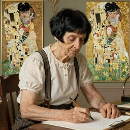 a old lady with black hair pixie cut in shorts with suspenders drawn by rembrandt, norman rockwell, frank frazetta, peter paul rubens, alphonse mucha, gustav klimt 4k, unreal 5, DAZ, french noveau, octane render, hyperrealistic