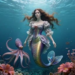 mermaid, underwater, a stunning beautiful georgia-era dress with brown long hair, abundant detail, octopusses and flower hyperrealistic character photography art by Annie Liebowitz, ArtStation, concept art, octane render, trending on artstation, artstationHD, artstationHQ, unreal engine, 4k, 8k,