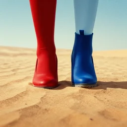 minimal movie poster, 1 red shoe 1 blue shoe, israeli desert background