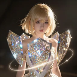 a cute girl with short blonde hair, with intricately detailed shields of holographic light orbiting around her body, distant shot, sci fi anime, dramatic lighting