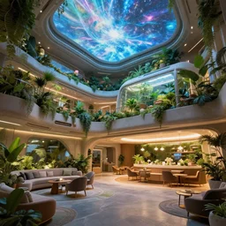 very wide cinematic shot inside a scifi epic scale capsule hotel, modern lush condo as shopfront with terrarium lounge area, cathedral ceiling with holographic sky art ceiling, detailed archviz render, archdaily, scifi artstation concept, comfy lighting, star citizen, fine details, unreal engine, hyperrealism, realistic shading, blender render