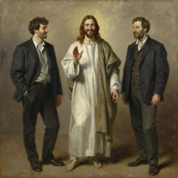 leyendecker!!!!!!!!! solomon joseph solomon and richard schmid and jeremy lipking victorian loose genre loose painting full length portrait painting of jesus with a slight smile happy inviting