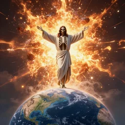 a skeleton in Jesus Christ's shroud stanging on the earth sphere with an epic thermonuclear blast in background, praying for mercy