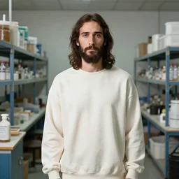 studio photo of jesus in a chinese sweat shop, studio portrait