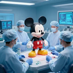 a cybertronic mickey mouse being dissected by a group of network executives, on an operating table, octane render, beeple, cgstation, 3 d render, very detailed, mindblowing, blood and guts, gritty, cyberpunk