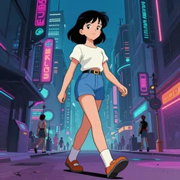 a beautiful picture of a girl walking in a cyberpunk street by ralph bakshi, low angle shot, cinematic, colorful, trending on artstation