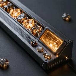 9-track machines made of digital grids and glowing stones with embedded LEDs.  amber glowing screens.
