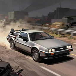 beautiful detailed comic illustration of a time machine delorean going back in time