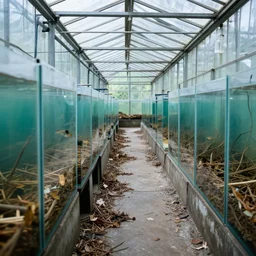 boring depressing photo of infinite length rectangular glasshouse, fishtanks full of sticks and dead leaves