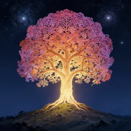 chromatic tree of life centered on a hill glowing from within japanese, intricate, elegant, volumetric lighting, digital painting, highly detailed, artstation, sharp focus, milky way galaxy, illustration, concept art, ruan jia, steve mccurry