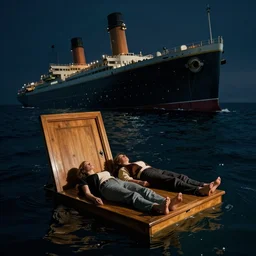 a large wooden door floats on the surface of the dark waters of the atlantic ocean, a man and woman are both laying down horizontal on top of it, in the background the titanic sinks, protruding upward from the water at a 4 5 degree angle, night, hyperrealistic