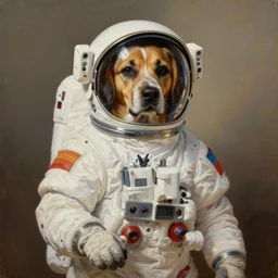 dog cosmonaut proudly posing for a portrait, painted by rembrandt intricate ultra detailed painting atmospheric lighting golden hour