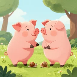 an illustration of a pig and a snail fall in love, artstation