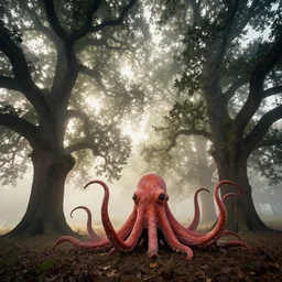 a hazy forest with huge oak trees at sunrise, day of the tentacle style, low angle