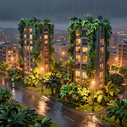 beautiful city of the future, overgrown with trees and plants. raining at night with light pole illuminate the patch, nice colour scheme, warm colour. beautiful artistic digital artwork by artist lurid. ( 2 0 2 2 ), gediminas pranckevicius