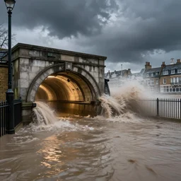 a storm surge in a flooded london underground tube tunnel