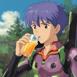 anime still of shinji ikari from evangelion drinking orange juice, 4 k, highly detailed in the style of studio ghibli