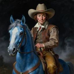 a close - up gritty renaissance portrait of a cowboy with whimsical features riding a blue alien horse. glowing fog, gloomy black background. night time. highly detailed science fiction painting by moebius, norman rockwell, frank frazetta, and syd mead. rich colors, high contrast, artstation