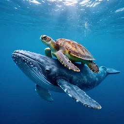 a turtle riding a whale in the sea , photo
