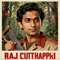 soviet poster of raj koothrappali, highly detailed face, holding wood saw, forest in background