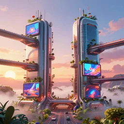 highly detailed futuristic architecture by Kengo Kuma, holographic billboards, stylized vegetation, sky bridges, ground-level view, foggy atmosphere, stunning sunny lighting, sunrise, vivid colors, in the style of pixar animation, trending on Artstation, 8k, matte painting, ray tracing, hyper detailed, unreal engine 5, cinematic, epic lighting, cryengine, octane render, cyberpunk, red and orange glow, vibrant